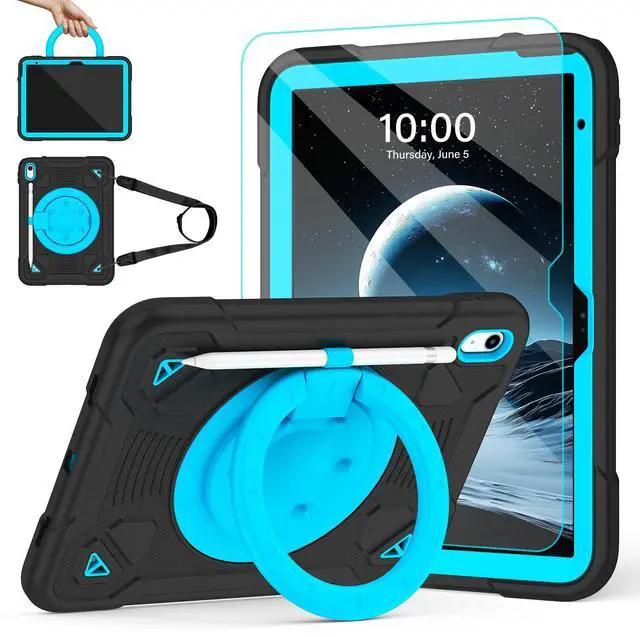 Main image of TOMORRY Case for iPad (A16) 11th Generation 11 Inch 2025/10th Generation 10.9 Inch 2022 with Screen Protector 360°Rotating Stand | Shoulder Strap | Pencil Holder | Protective Cover | Black+Blue