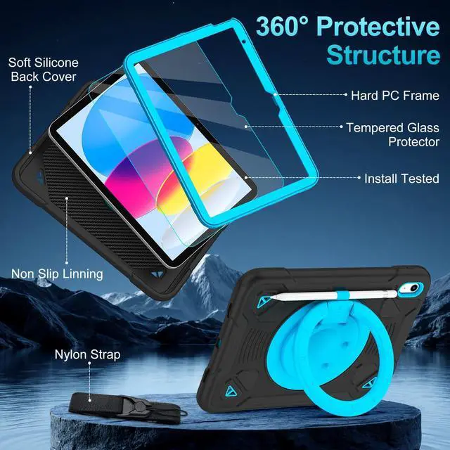 Alt view image 2 of 5 - TOMORRY Case for iPad (A16) 11th Generation 11 Inch 2025/10th Generation 10.9 Inch 2022 with Screen Protector 360°Rotating Stand | Shoulder Strap | Pencil Holder | Protective Cover | Black+Blue