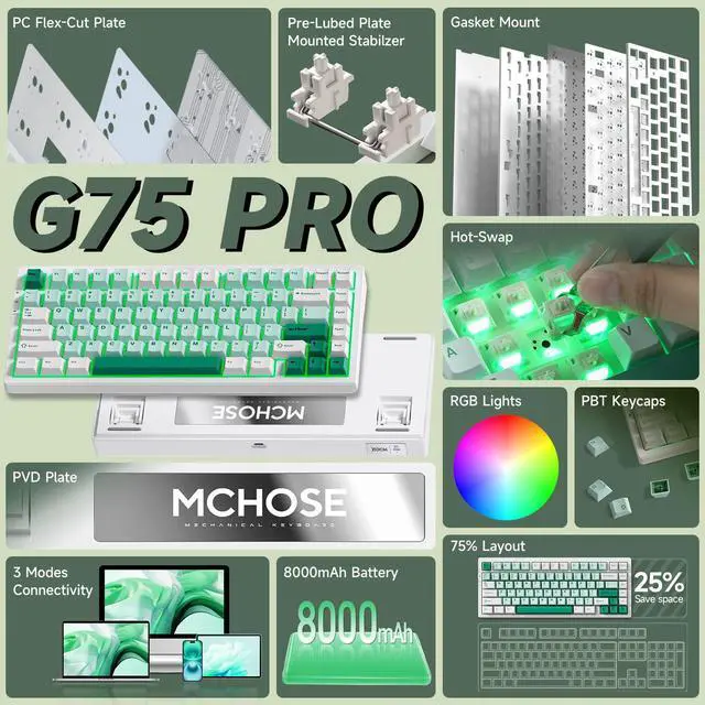 Alt view image 3 of 5 - MCHOSE G75 PRO 75% Wireless Mechanical Keyboard, TKL Keyboards Tri-Mode BT5.0/2.4GHz/USB-C, Hot Swap Custom Creamy Keyboards Linear Switch, Double Shot PBT Keycaps RGB LED Backlit, White&Green