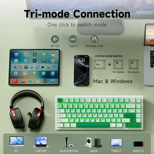 Alt view image 4 of 5 - MCHOSE G75 PRO 75% Wireless Mechanical Keyboard, TKL Keyboards Tri-Mode BT5.0/2.4GHz/USB-C, Hot Swap Custom Creamy Keyboards Linear Switch, Double Shot PBT Keycaps RGB LED Backlit, White&Green