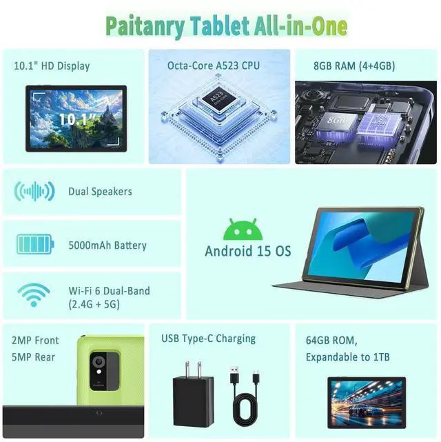 Alt view image 3 of 5 - Tablet 10 Inch  Android 15 Tablets for Adults  GMS Certified Tablet Computer with HD IPS Display, Octa-Core, 8GB RAM 64GB ROM Expandable to 1TB, Wi-Fi 6, Dual Camera, 5000mAh  Green