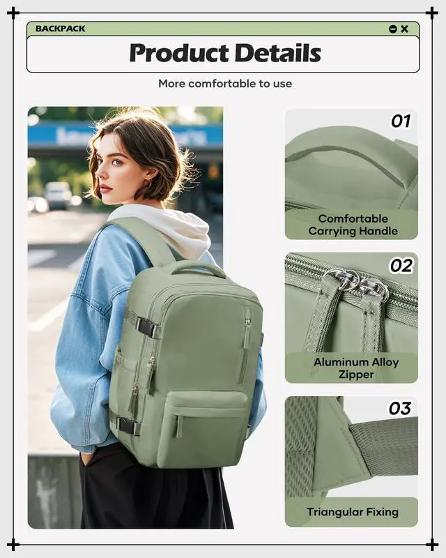 Alt view image 2 of 5 - winspansy Carry on Travel Backpack for Women Men Lightweight Business Gym Laptop Work Backpack Airport Frontier Airlines Personal Item Bag Flight Approved Mochilas de Viaje Green