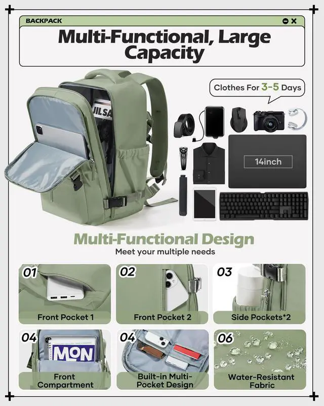 Alt view image 3 of 5 - winspansy Carry on Travel Backpack for Women Men Lightweight Business Gym Laptop Work Backpack Airport Frontier Airlines Personal Item Bag Flight Approved Mochilas de Viaje Green