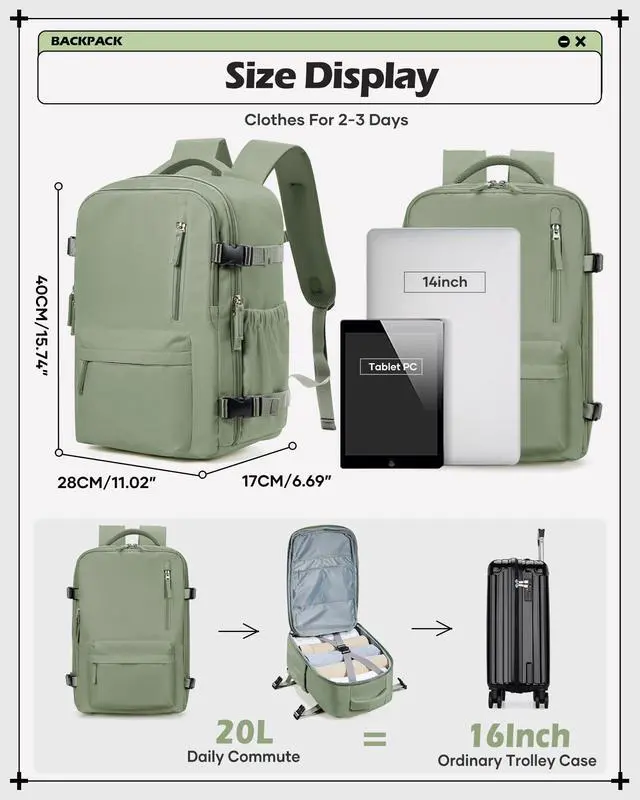 Alt view image 4 of 5 - winspansy Carry on Travel Backpack for Women Men Lightweight Business Gym Laptop Work Backpack Airport Frontier Airlines Personal Item Bag Flight Approved Mochilas de Viaje Green
