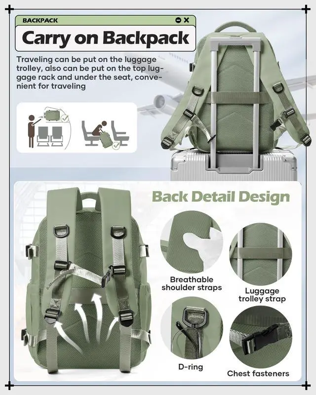 Alt view image 5 of 5 - winspansy Carry on Travel Backpack for Women Men Lightweight Business Gym Laptop Work Backpack Airport Frontier Airlines Personal Item Bag Flight Approved Mochilas de Viaje Green