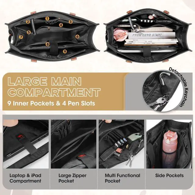 Alt view image 2 of 5 - NEWHEY Laptop Bag for Women 15.6 Inch Work Tote Bags Leather Computer Bag with Clutch Purse Professional Office Briefcase Waterproof Handbag for Business Travel College, Balck& Brown & Khaki