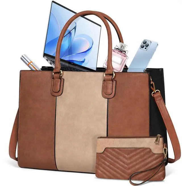 Main image of NEWHEY Laptop Bag for Women 15.6 Inch Work Tote Bags Leather Computer Bag with Clutch Purse Professional Office Briefcase Waterproof Handbag for Business Travel College, Balck& Brown & Khaki
