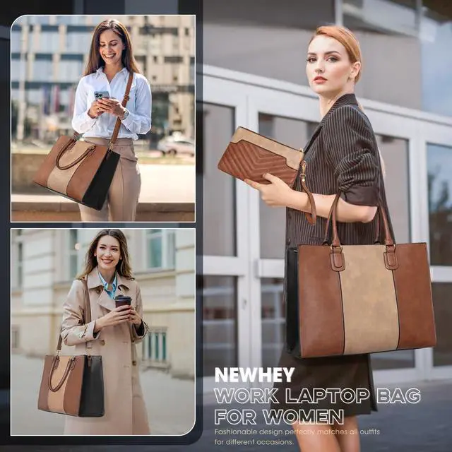 Alt view image 3 of 5 - NEWHEY Laptop Bag for Women 15.6 Inch Work Tote Bags Leather Computer Bag with Clutch Purse Professional Office Briefcase Waterproof Handbag for Business Travel College, Balck& Brown & Khaki
