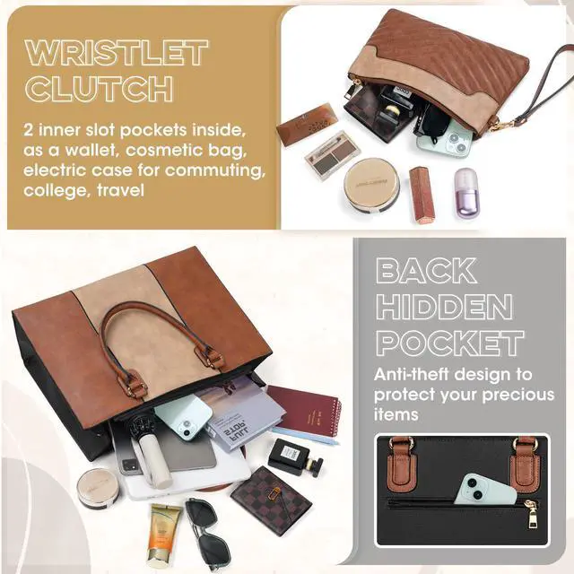 Alt view image 5 of 5 - NEWHEY Laptop Bag for Women 15.6 Inch Work Tote Bags Leather Computer Bag with Clutch Purse Professional Office Briefcase Waterproof Handbag for Business Travel College, Balck& Brown & Khaki