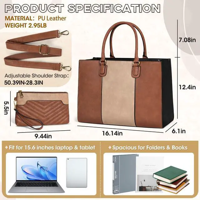 Alt view image 4 of 5 - NEWHEY Laptop Bag for Women 15.6 Inch Work Tote Bags Leather Computer Bag with Clutch Purse Professional Office Briefcase Waterproof Handbag for Business Travel College, Balck& Brown & Khaki