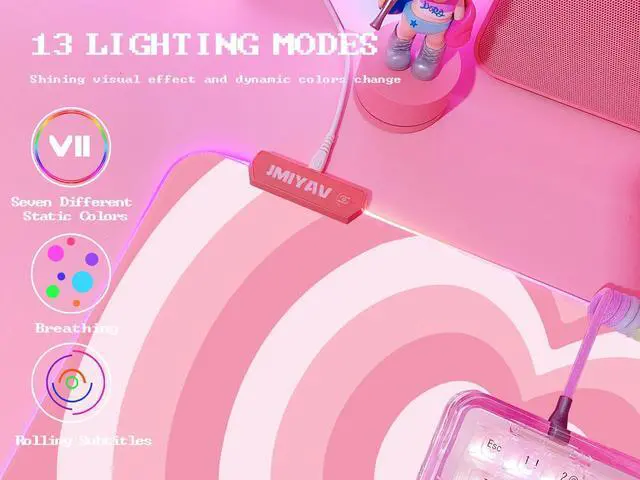 Alt view image 3 of 5 - JMIYAV Pink Love Heart RGB Gaming Mouse Pad 31.5x12 Inch PC XL Large Extended Glowing Led Light Up Cool Mouse pad Desk Pad Non-Slip Rubber Computer Mouse Pad Cute Mousepad Mat 31.5x12 Inch