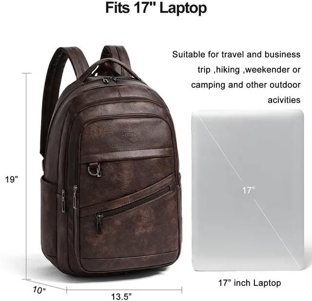 Alt view image 3 of 5 - LATMAP 43L Backpack for Women Men - Vegan Leather Backpack Purse Travel Carry-on Bag College Bookbag Work fits 17" Laptop, Coffee
