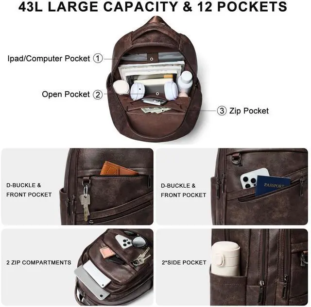 Alt view image 4 of 5 - LATMAP 43L Backpack for Women Men - Vegan Leather Backpack Purse Travel Carry-on Bag College Bookbag Work fits 17" Laptop, Coffee