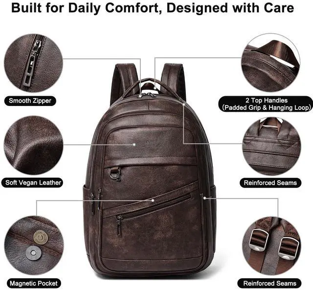 Alt view image 5 of 5 - LATMAP 43L Backpack for Women Men - Vegan Leather Backpack Purse Travel Carry-on Bag College Bookbag Work fits 17" Laptop, Coffee