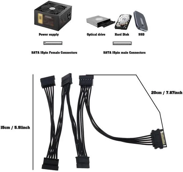 Alt view image 4 of 5 - The Lord of the Tools 2PCS 15 Pin SATA Power Splitter Adapter Cable, 20cm, 15cm x 4, SATA 1 to 5, for Hard Drives/Optical Drives