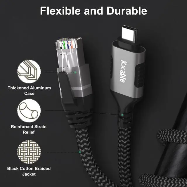 Alt view image 4 of 5 - USB C to Ethernet Cable 12FT, Type C to RJ45 Cord, Directly Connected, Gigabit LAN Network, Thunderbolt 3/4 Compatible, for MacBook Pro/Air, iPad Pro, iPhone 15 Series, Galaxy, Smartphone, Laptop, PC