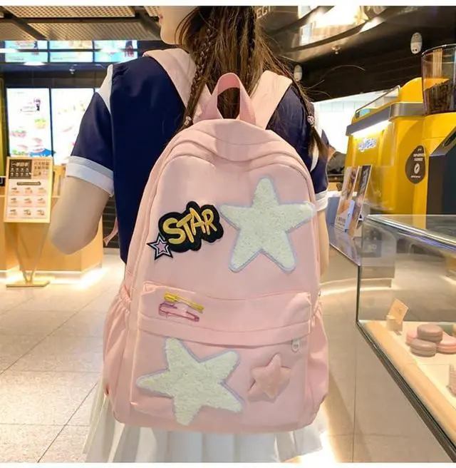 Alt view image 2 of 5 - MININAI 2025 Preppy Backpack Trendy Y2K Stars Backpack Cute Aesthetic College Laptop Backpack Casual Daypack Y2k Accessories (Pink,One Size)