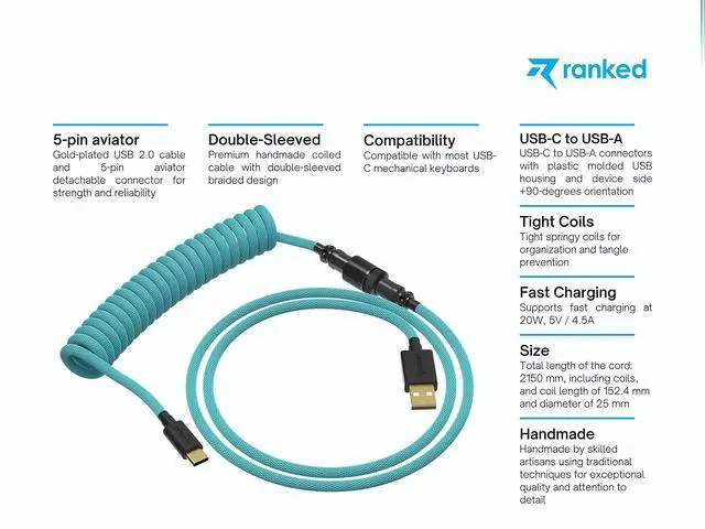 Alt view image 2 of 5 - Ranked Coiled Keyboard Cable | Handcrafted Double-Sleeved Braided Cable | USB Type C to A | 5-Pin Aviator Connector for Custom Mechanical Gaming Keyboard | Support Fast Charge 20W (Ranked Blue)