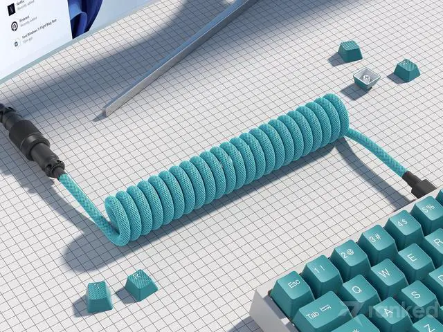 Alt view image 3 of 5 - Ranked Coiled Keyboard Cable | Handcrafted Double-Sleeved Braided Cable | USB Type C to A | 5-Pin Aviator Connector for Custom Mechanical Gaming Keyboard | Support Fast Charge 20W (Ranked Blue)