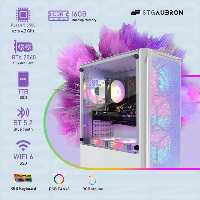 Alt view image 3 of 5 - STGAubron Gaming PC Desktop Computer, AMD Ryzen 5 5500 up to 4.2G, GeForce RTX 2060 6G, 16G DDR4, 1T SSD, WiFi 6, BT 5.2, RGB Fan x6, Windows 11 Home