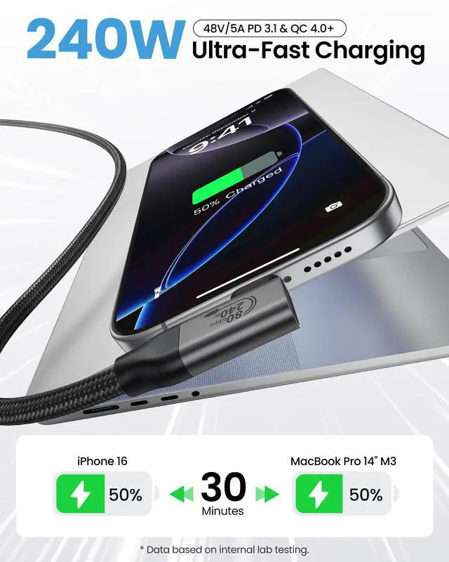 Alt view image 4 of 5 - Silkland 80Gbps Right Angle USB 4 Cable for Thunderbolt 5 Cable 1FT, 120Gbps Bandwidth for 16K/Dual 8K, 240W, 90 Degree Braided USB C Video Cable Compatible Thunderbolt 4/5, MacBook M4 Pro,Dock,eGPU