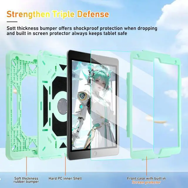 Alt view image 3 of 5 - for iPad 9th/8th/7th Generation Case, iPad 10.2 Case 2021/2020/2019, Rugged Heavy Duty Shockproof Protective Kids Case with Screen Protector/360° Rotating Folding Stand/Pencil Holder/Shoulder Strap