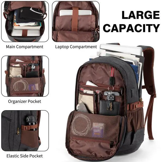 Alt view image 2 of 5 - Tzowla Vintage Canvas Laptop Backpack for Men and Women,College Travel Work Rucksack with USB/Type-C Charging Port,Lightweight Bookbag Hiking Casual Daypack Backpacks Fit 15.6 Inch Notebook(Black)
