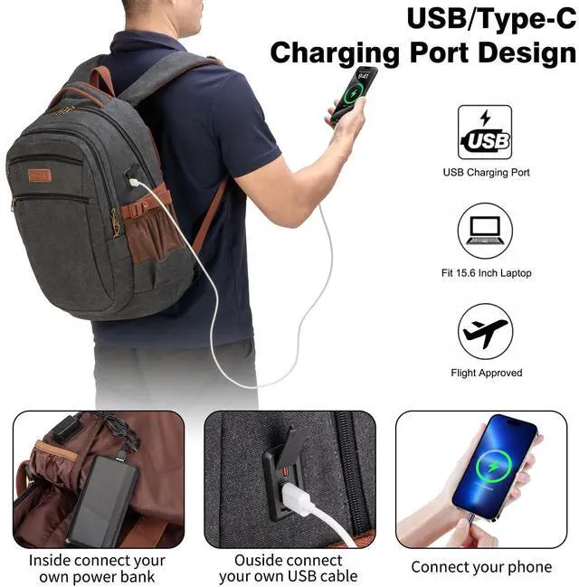 Alt view image 3 of 5 - Tzowla Vintage Canvas Laptop Backpack for Men and Women,College Travel Work Rucksack with USB/Type-C Charging Port,Lightweight Bookbag Hiking Casual Daypack Backpacks Fit 15.6 Inch Notebook(Black)