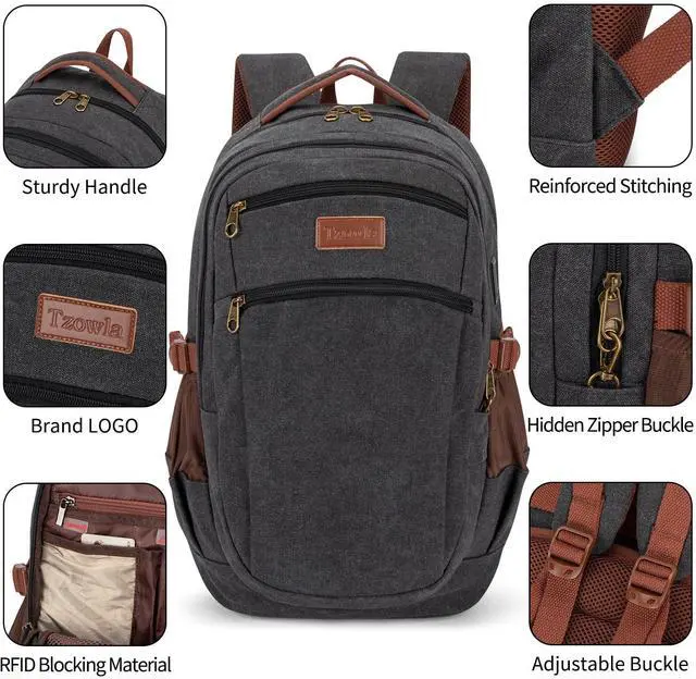 Alt view image 4 of 5 - Tzowla Vintage Canvas Laptop Backpack for Men and Women,College Travel Work Rucksack with USB/Type-C Charging Port,Lightweight Bookbag Hiking Casual Daypack Backpacks Fit 15.6 Inch Notebook(Black)