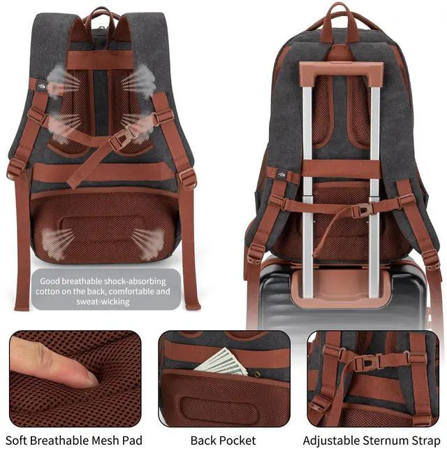 Alt view image 5 of 5 - Tzowla Vintage Canvas Laptop Backpack for Men and Women,College Travel Work Rucksack with USB/Type-C Charging Port,Lightweight Bookbag Hiking Casual Daypack Backpacks Fit 15.6 Inch Notebook(Black)