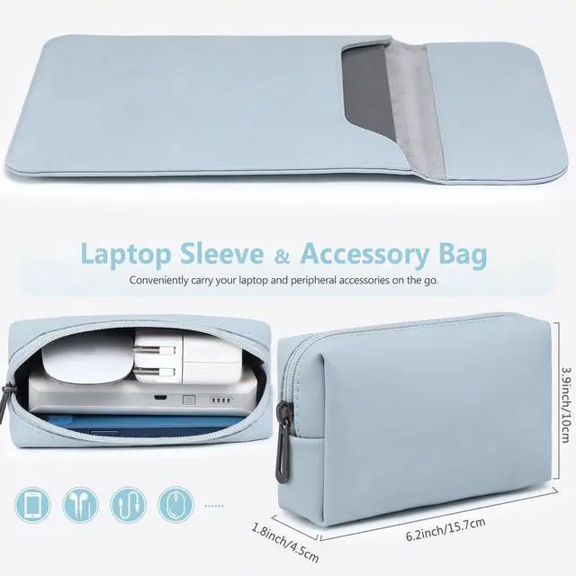 Alt view image 2 of 5 - HYZUO 13.3-14 Inch Laptop Sleeve for MacBook Pro 14 M4/M3/M2/M1 Pro/Max A3401 A3185 A3112 2025-2021, MacBook Air 13 2017-2012, 13.5-13.8 Surface Laptop, Faux Suede Leather Case with Pouch, Pale Blue