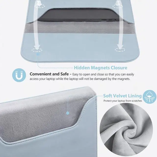 Alt view image 4 of 5 - HYZUO 13.3-14 Inch Laptop Sleeve for MacBook Pro 14 M4/M3/M2/M1 Pro/Max A3401 A3185 A3112 2025-2021, MacBook Air 13 2017-2012, 13.5-13.8 Surface Laptop, Faux Suede Leather Case with Pouch, Pale Blue