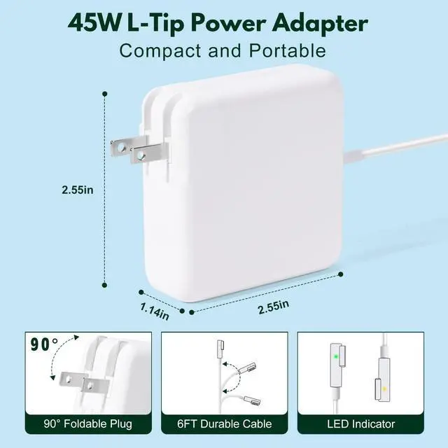 Alt view image 2 of 5 - 45W L-Type Power Adapter Compatible with Laptop Air A1237 A1244 A1304 A1369 A1374 11" 13" (Prior to Mid-2012) with 6' Cable