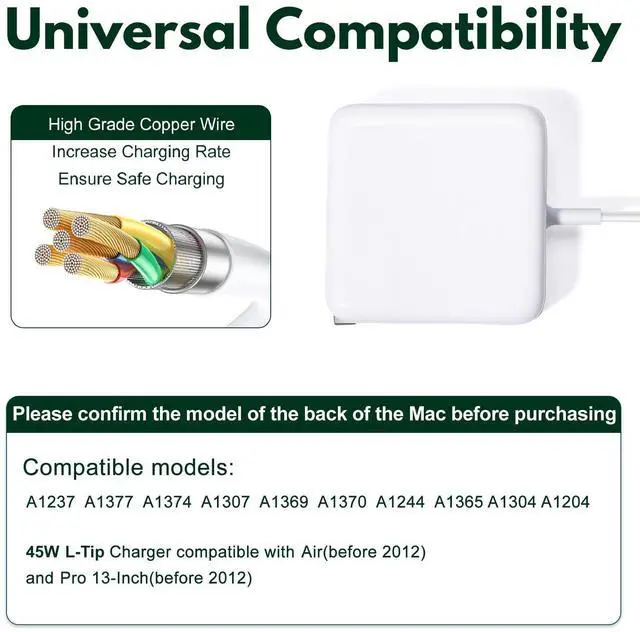Alt view image 3 of 5 - 45W L-Type Power Adapter Compatible with Laptop Air A1237 A1244 A1304 A1369 A1374 11" 13" (Prior to Mid-2012) with 6' Cable