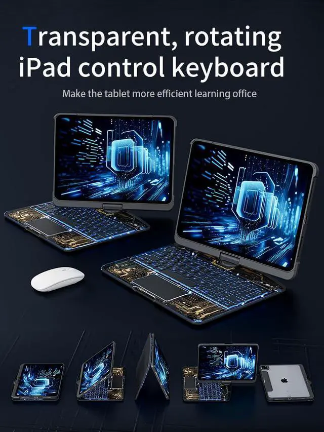 Alt view image 3 of 5 - KARTICE Transparent Case with Wireless Keyboard for iPad 10.2 Inch (7th/8th/9th Gen), 7 Colors Backlight, Multi-Touch Trackpad, 360° Rotating Stand Case with Pencil Holder for 10.2'' iPad