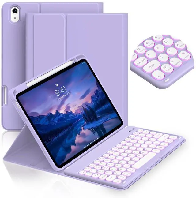 Main image of JKSML for iPad (A16) 11th/10th Gen case with Keyboard, Round Key, 7 Color Backlit, Detachable Wireless Keyboard, Stand Folio Cover with Side Pen Holder for iPad 10.9" (2022)/ 11" (2025) - Purple