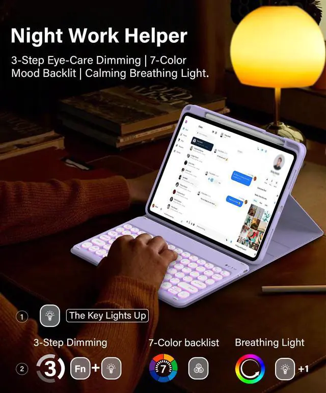 Alt view image 4 of 5 - JKSML for iPad (A16) 11th/10th Gen case with Keyboard, Round Key, 7 Color Backlit, Detachable Wireless Keyboard, Stand Folio Cover with Side Pen Holder for iPad 10.9" (2022)/ 11" (2025) - Purple