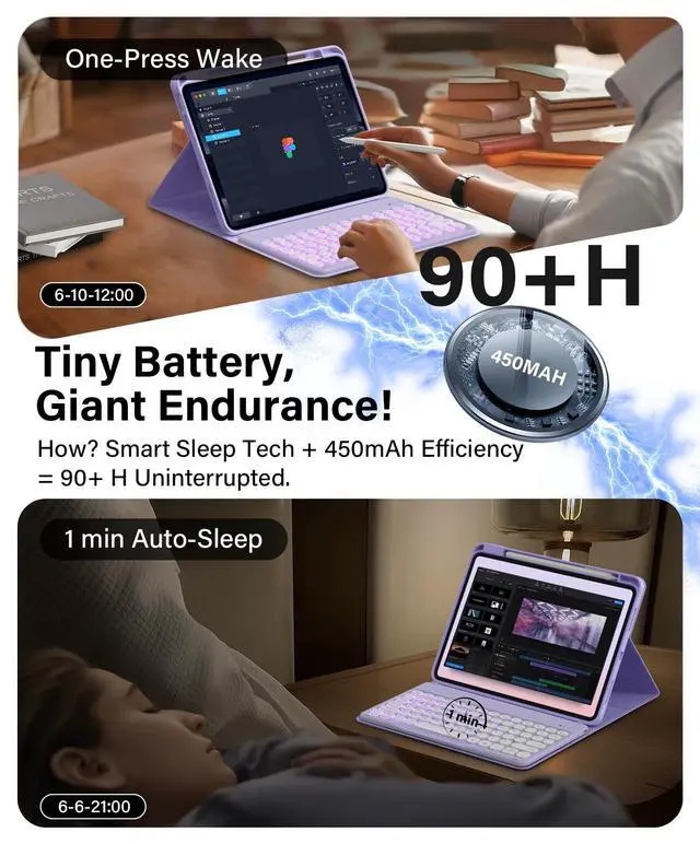 Alt view image 5 of 5 - JKSML for iPad (A16) 11th/10th Gen case with Keyboard, Round Key, 7 Color Backlit, Detachable Wireless Keyboard, Stand Folio Cover with Side Pen Holder for iPad 10.9" (2022)/ 11" (2025) - Purple