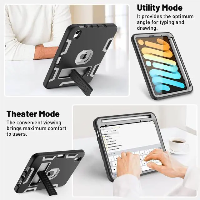 Alt view image 4 of 5 - AICase iPad Mini 6 (2021) with Screen Protector, Kickstand Shockproof Heavy Duty Resistant Rugged Hybrid Three Layer Full Body Protection Case with Stylus (Black/Grey)