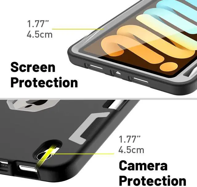 Alt view image 5 of 5 - AICase iPad Mini 6 (2021) with Screen Protector, Kickstand Shockproof Heavy Duty Resistant Rugged Hybrid Three Layer Full Body Protection Case with Stylus (Black/Grey)