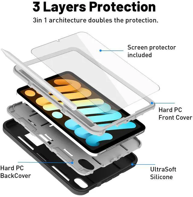 Alt view image 3 of 5 - AICase iPad Mini 6 (2021) with Screen Protector, Kickstand Shockproof Heavy Duty Resistant Rugged Hybrid Three Layer Full Body Protection Case with Stylus (Black/Grey)