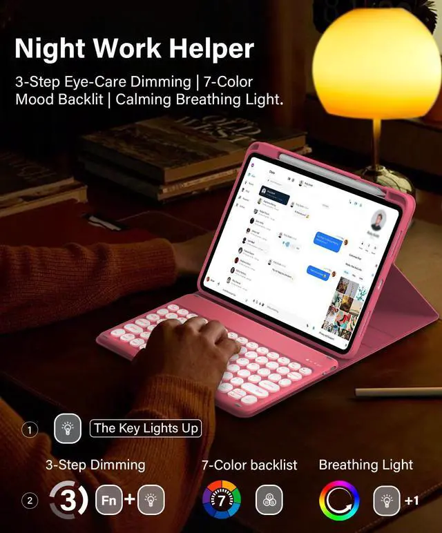 Alt view image 4 of 5 - JKSML for iPad (A16) 11th/10th Gen case with Keyboard, Round Key, 7 Color Backlit, Detachable Wireless Keyboard,Stand Folio Cover with Side Pen Holder for iPad 10.9" (2022)/ 11" (2025) - Red