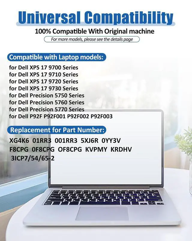 Alt view image 3 of 5 - bossfulton 97Wh 6-Cell XG4K6 Battery Replacement for Dell XPS 17 9700 9710 9720 9730 Precision 5750 5760 5770 Series P92F P92F001 P92F002 P92F003 01RR3 001RR3 F8CPG 0F8CPG 0YY3V 11.4V