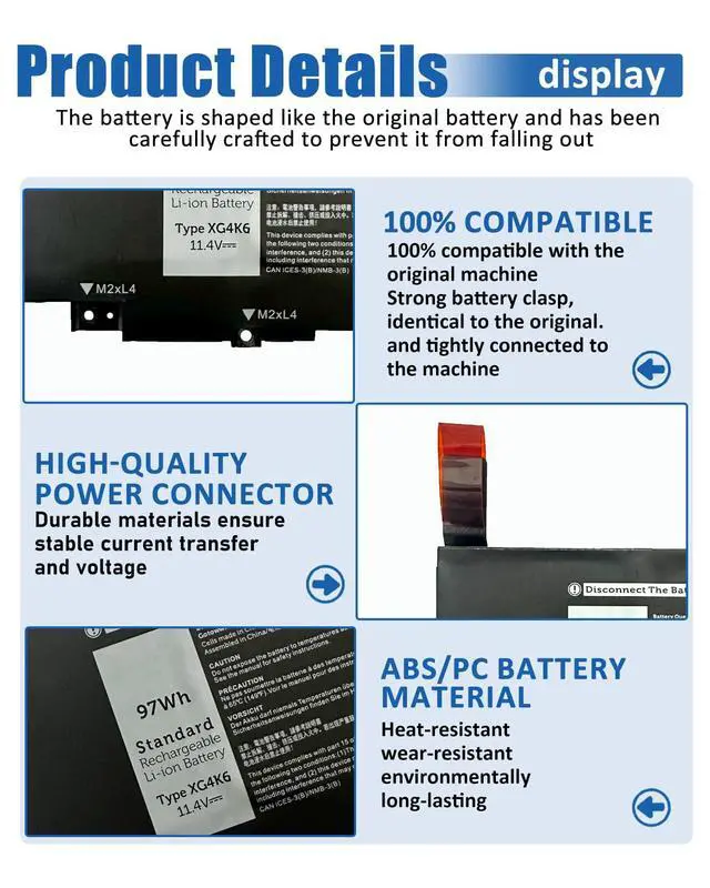 Alt view image 5 of 5 - bossfulton 97Wh 6-Cell XG4K6 Battery Replacement for Dell XPS 17 9700 9710 9720 9730 Precision 5750 5760 5770 Series P92F P92F001 P92F002 P92F003 01RR3 001RR3 F8CPG 0F8CPG 0YY3V 11.4V
