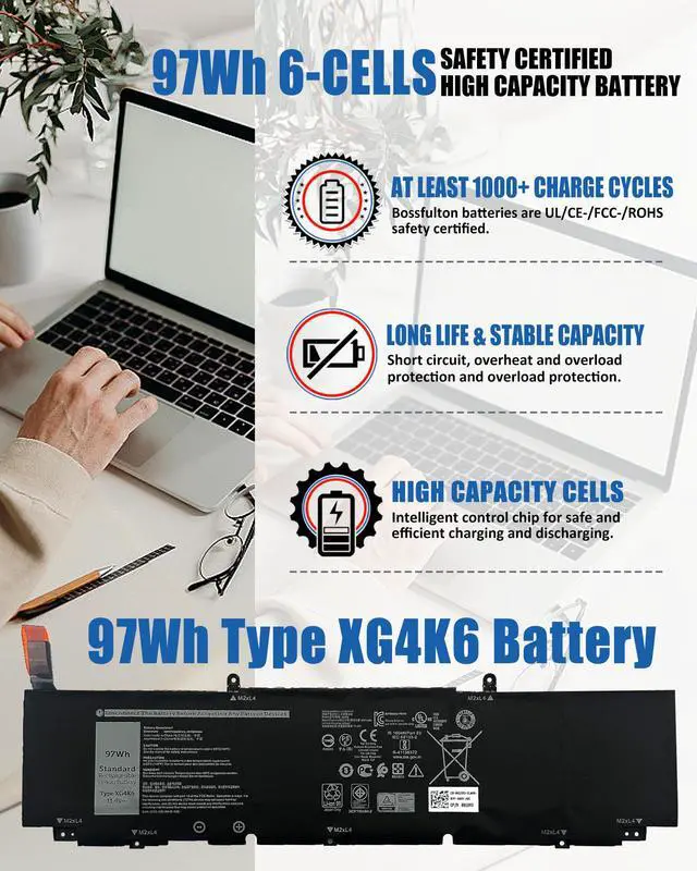 Alt view image 2 of 5 - bossfulton 97Wh 6-Cell XG4K6 Battery Replacement for Dell XPS 17 9700 9710 9720 9730 Precision 5750 5760 5770 Series P92F P92F001 P92F002 P92F003 01RR3 001RR3 F8CPG 0F8CPG 0YY3V 11.4V