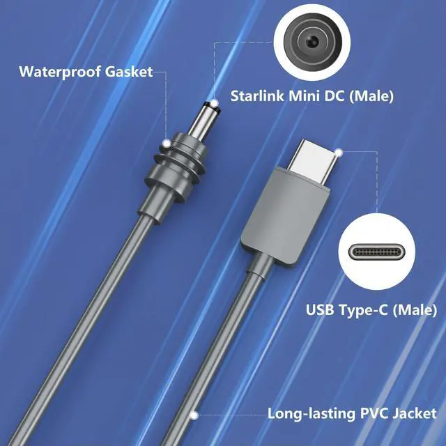 Alt view image 3 of 5 - Starlink Mini USB C to DC Power Cable, 16.4FT/5M Starlink Mini Cable USB Type-C Input to DC Cord, Work with 100W+ PD Source Power Bank 20V PD Charger, Waterproof Accessories