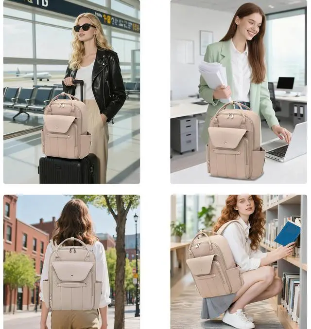 Alt view image 2 of 5 - LELLIE Travel Laptop Backpack for Men & Women Teacher Computer Backpack with Charging Cable Hole, 15.6 Inch Laptop Bag Slim Business Bag (Khaki)