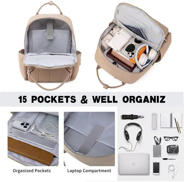 Alt view image 3 of 5 - LELLIE Travel Laptop Backpack for Men & Women Teacher Computer Backpack with Charging Cable Hole, 15.6 Inch Laptop Bag Slim Business Bag (Khaki)