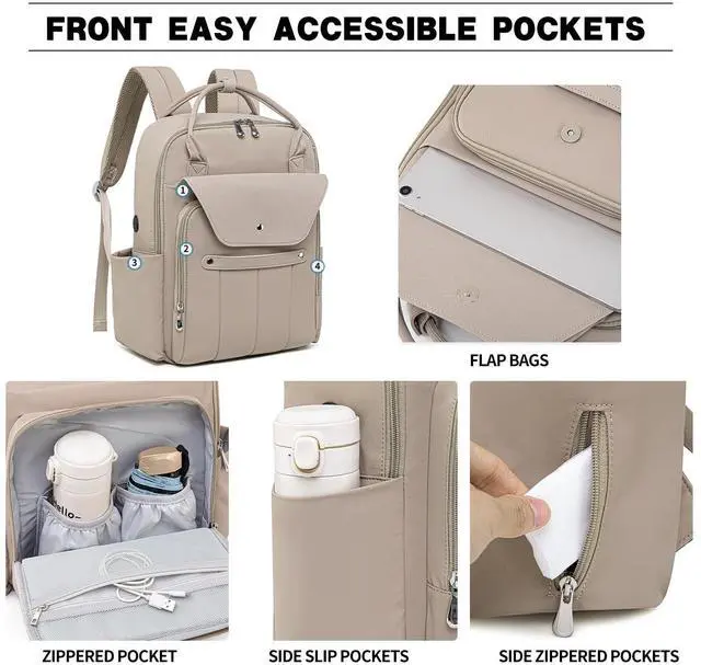 Alt view image 4 of 5 - LELLIE Travel Laptop Backpack for Men & Women Teacher Computer Backpack with Charging Cable Hole, 15.6 Inch Laptop Bag Slim Business Bag (Khaki)