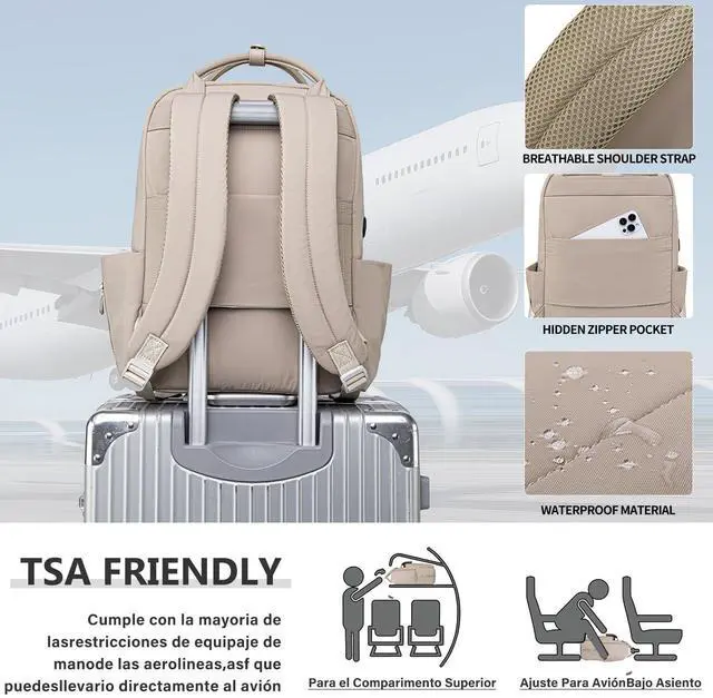 Alt view image 5 of 5 - LELLIE Travel Laptop Backpack for Men & Women Teacher Computer Backpack with Charging Cable Hole, 15.6 Inch Laptop Bag Slim Business Bag (Khaki)